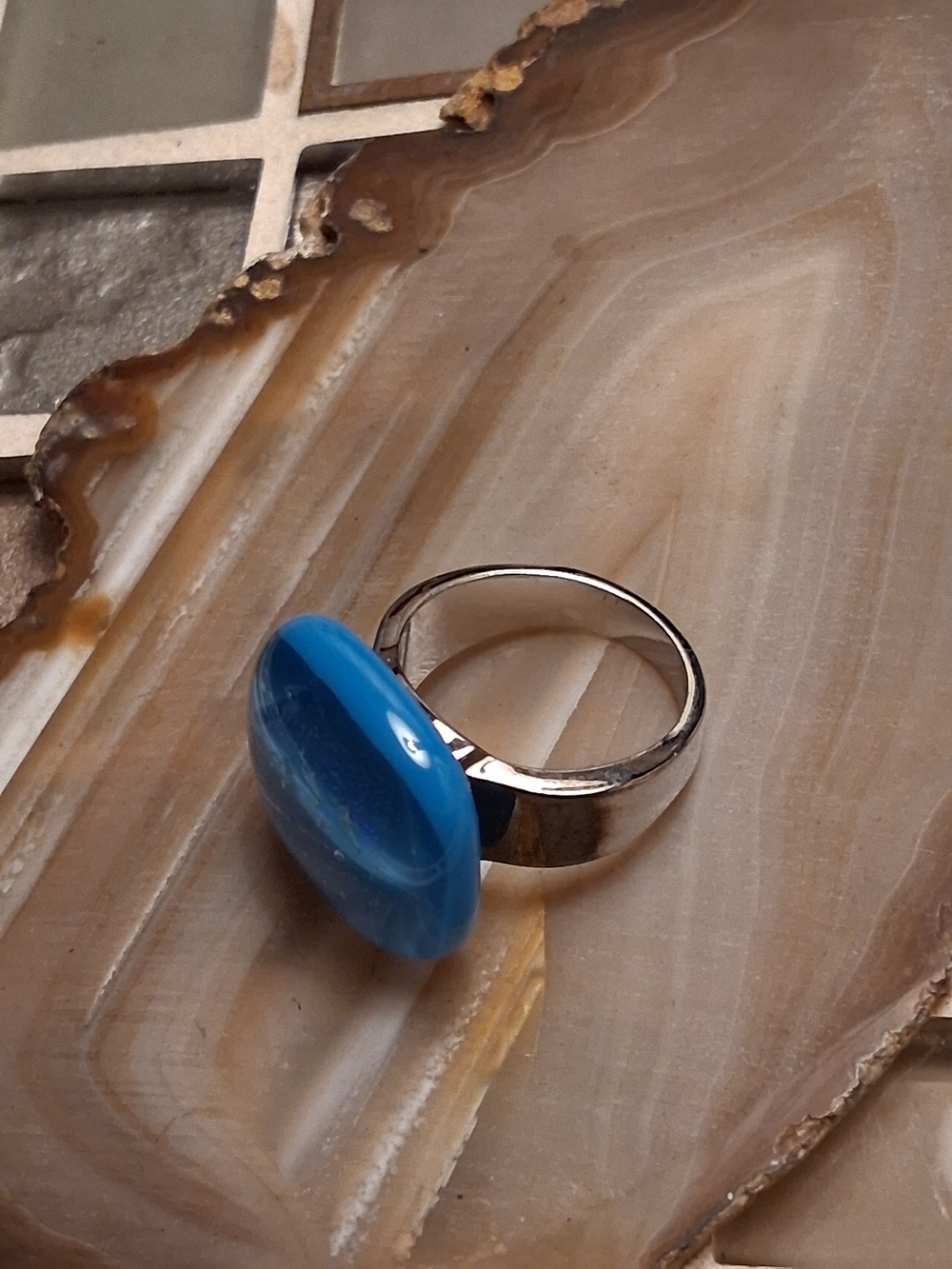 Iridescent Blue Glass Statement Ring - Picture 8 of 8